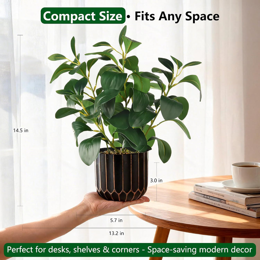 florisso Fake Plants Artificial Plants Indoor, Faux Potted Plants Indoor Artificial Succulents with Fig Leaf Look Real Greenery with Planter for Office Desk Coffee Table Home Decor(Black Gold)