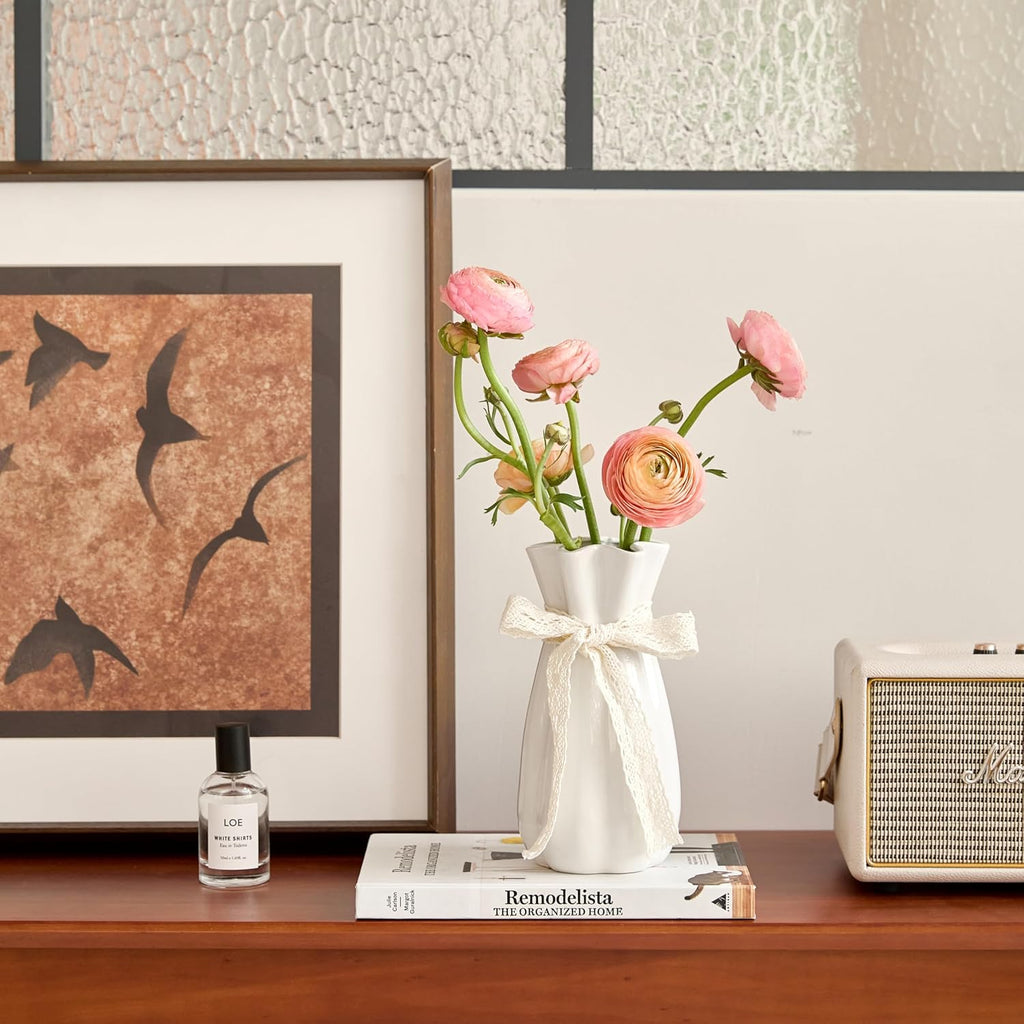 White Ceramic Flower Vase, 8 in Modern Decorative Vases for Home Decor