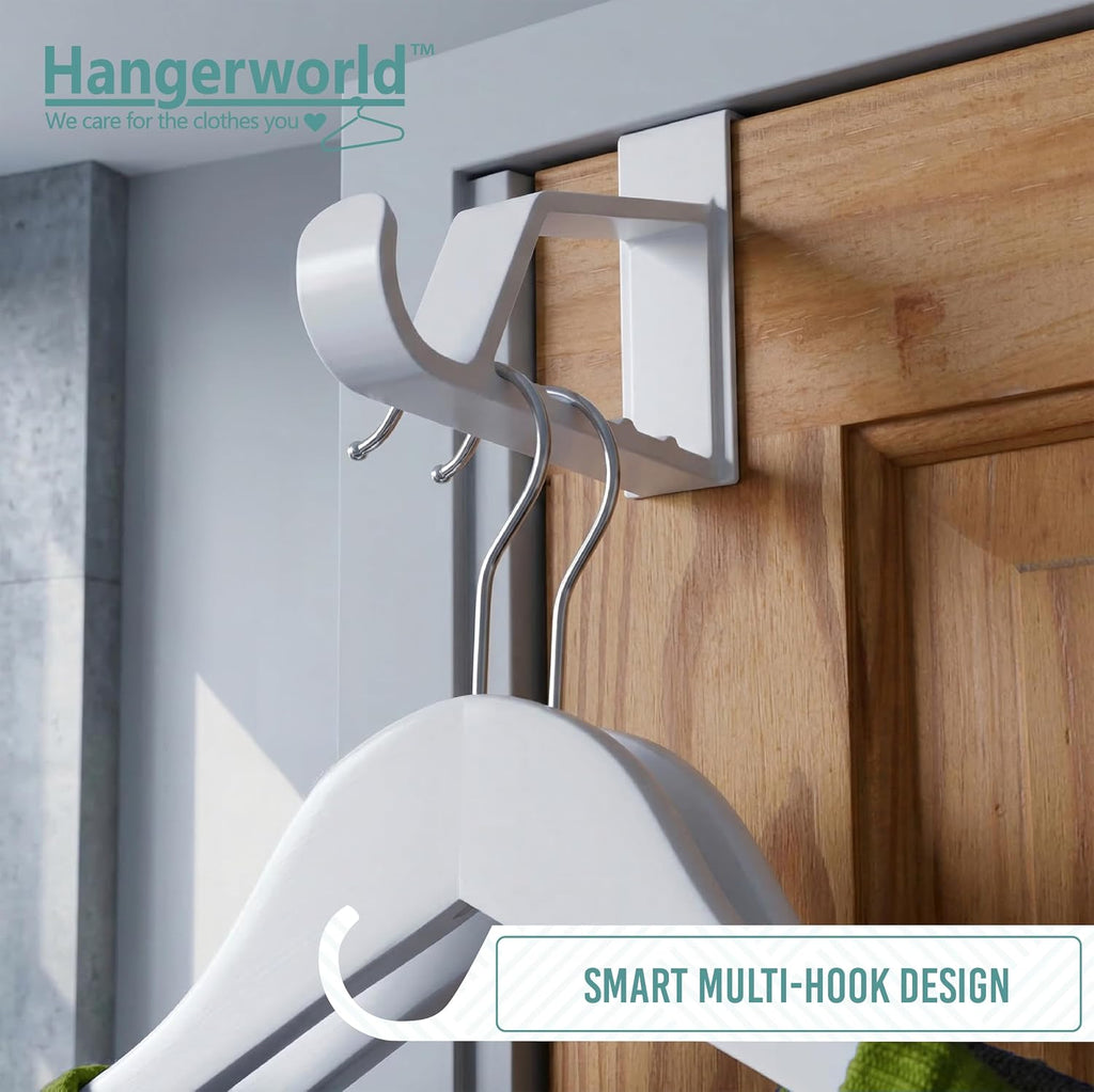 HANGERWORLD 2 Pack Over The Door Hooks for Hangers - Extra Strong White Plastic Over Door Hook for Hanging Clothes, Towels, Robes, Hats, Bags and More