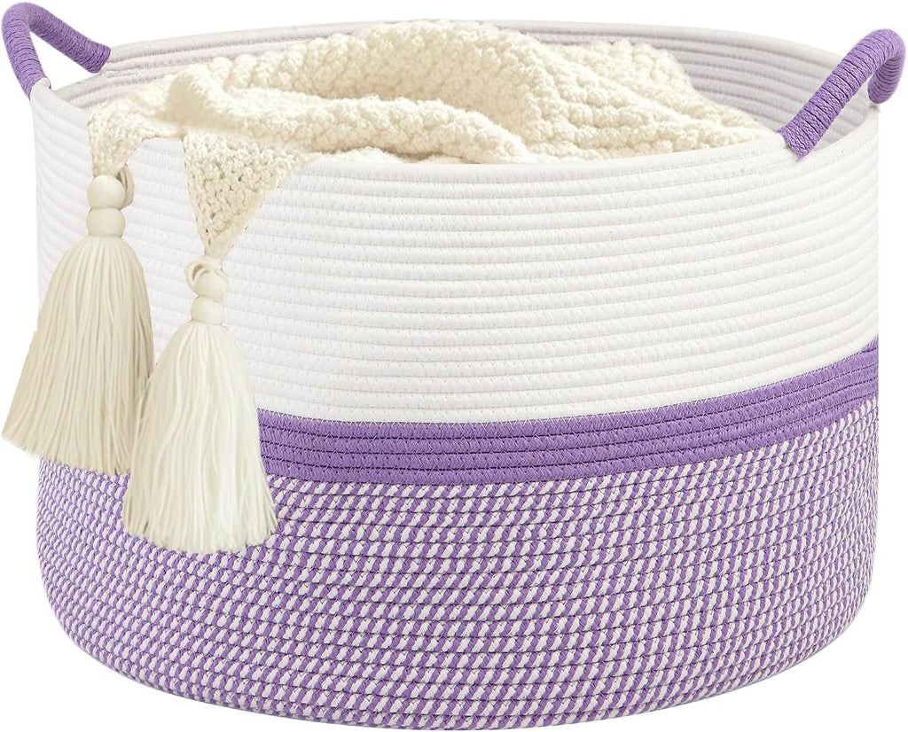 Large Cotton Rope Storage Basket, 20''x13'' Woven Laundry Hamper for Living Room, Nursery, Toys, Blanket Organization with Handles (White and Purple)