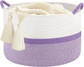 Large Cotton Rope Storage Basket, 20''x13'' Woven Laundry Hamper for Living Room, Nursery, Toys, Blanket Organization with Handles (White and Purple)