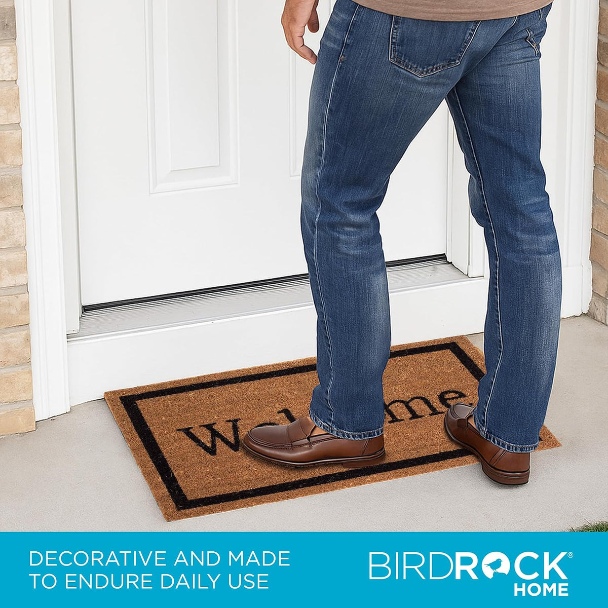 BIRDROCK HOME Welcome Coir Doormat | 18 x 30 Inch | Standard Welcome Mat with Black Border and Natural Fade | Vinyl Backed | Outdoor