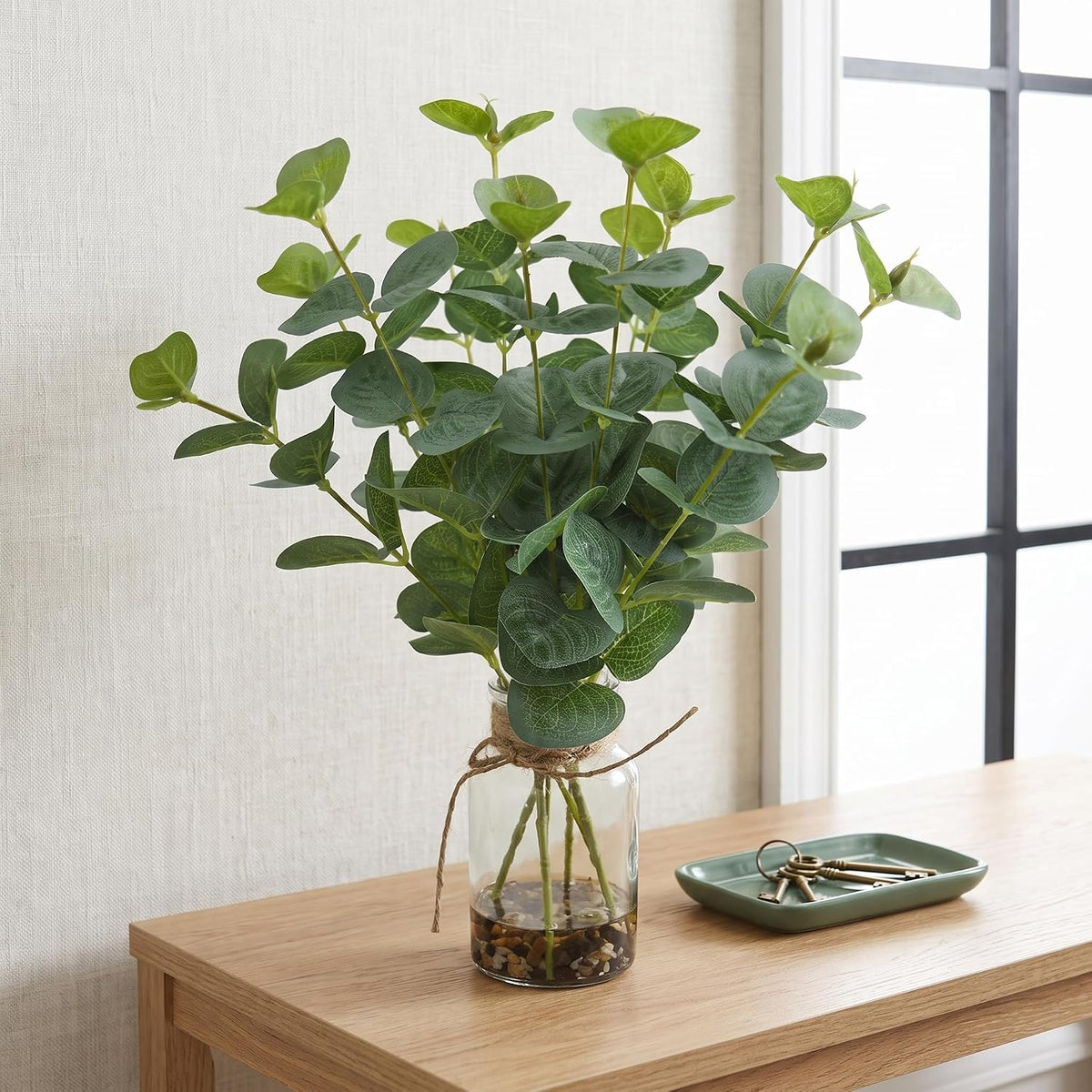 Artificial Eucalyptus Stems in Glass Vase with Faux Water, 13.5" Fake Plants for Home Decor, Office, Bathroom & Farmhouse Weddings - Faux Greenery Plants Decorations