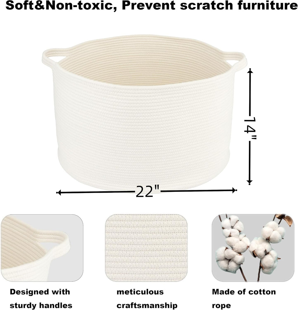 XUANGUO Extra Large Cotton Rope Round Storage Basket 22" x 14" White