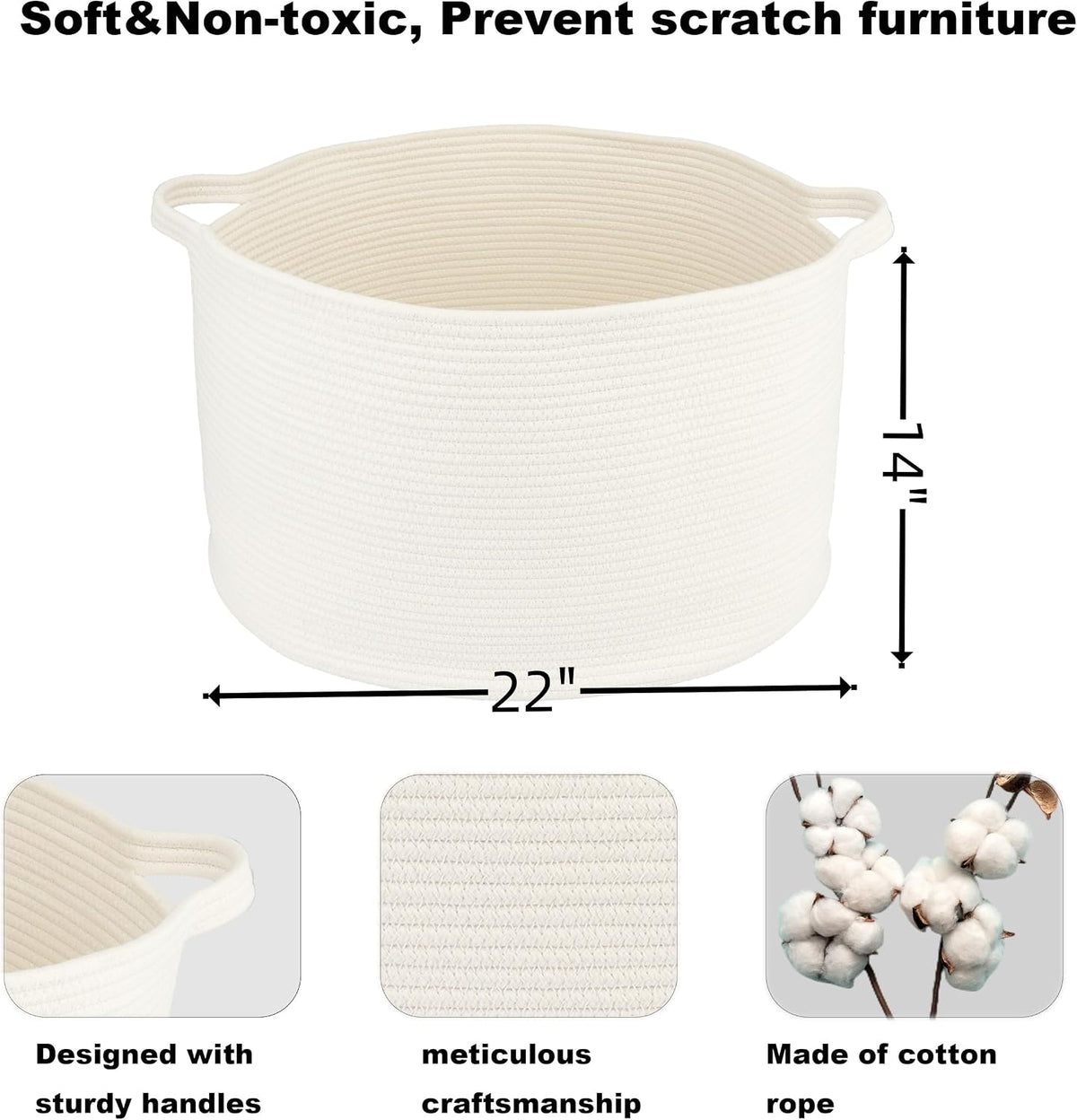 XUANGUO Extra Large Cotton Rope Round Storage Basket 22" x 14" White