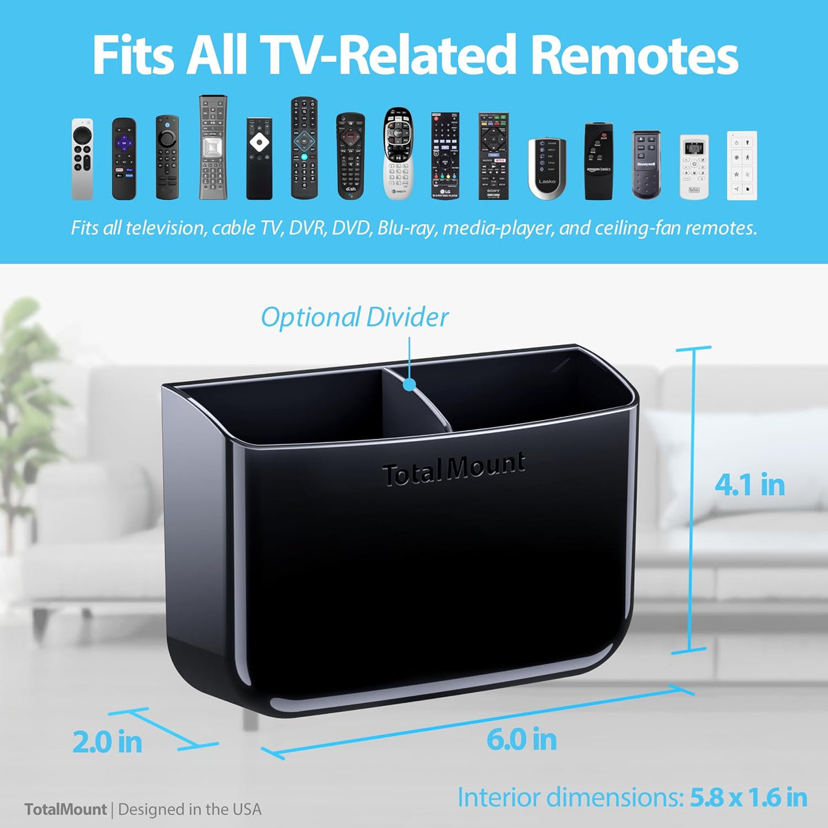TotalMount Drop-Free Remote Holder – Removable Adhesive Strips – Black