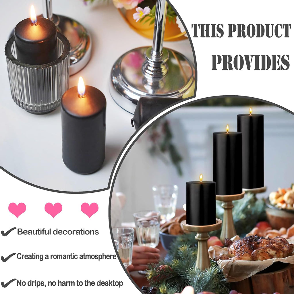 18 Pcs Black Pillar Candles Bulk Set，Hurricane Candles，3 Different Lengths (6 Each)，Dripless Unscented Smokeless，Gives You a Better Atmosphere When Organizing Wedding or Event Party.