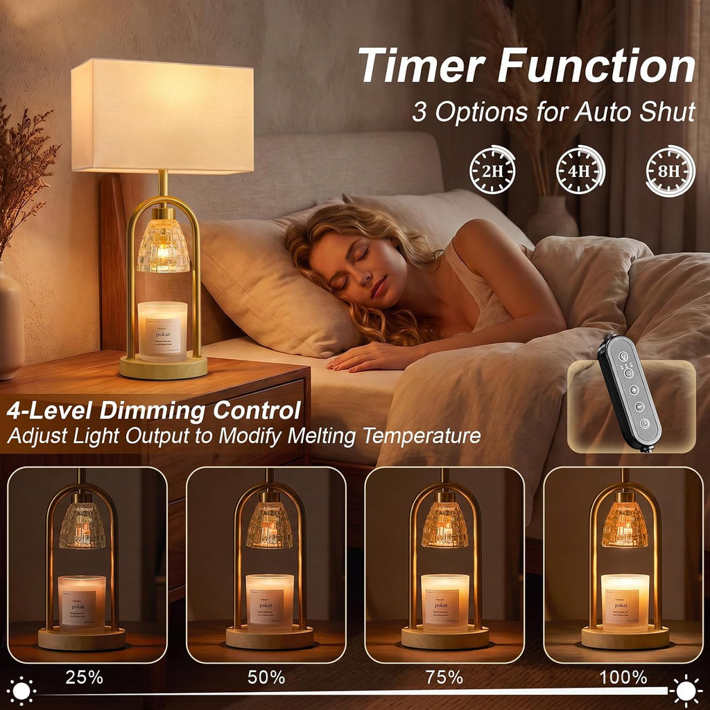 PoKat 22'' Table Lamp with Candle Warmer for Bedroom, Farmhouse Wood & Gold