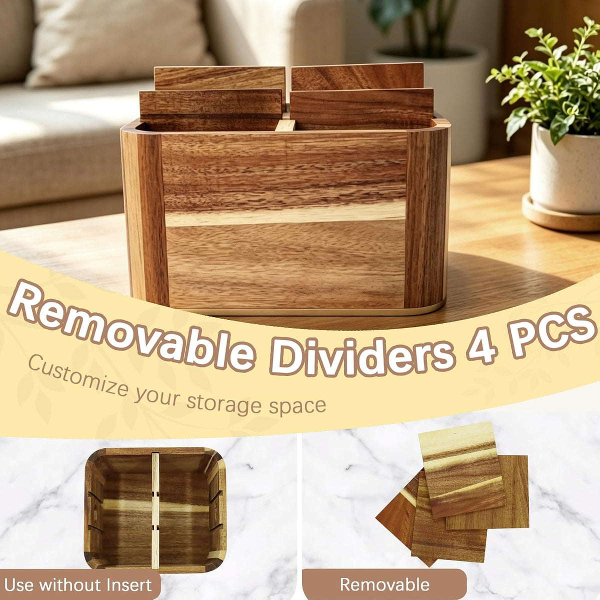 Remote Control Holder, Acacia Wood TV Remote Holder with 5 Adjustable Dividers and Handle, Desk Organizer for Remotes, Office Supplies, Coffee Table, Living Room, Bedroom, Nightstand