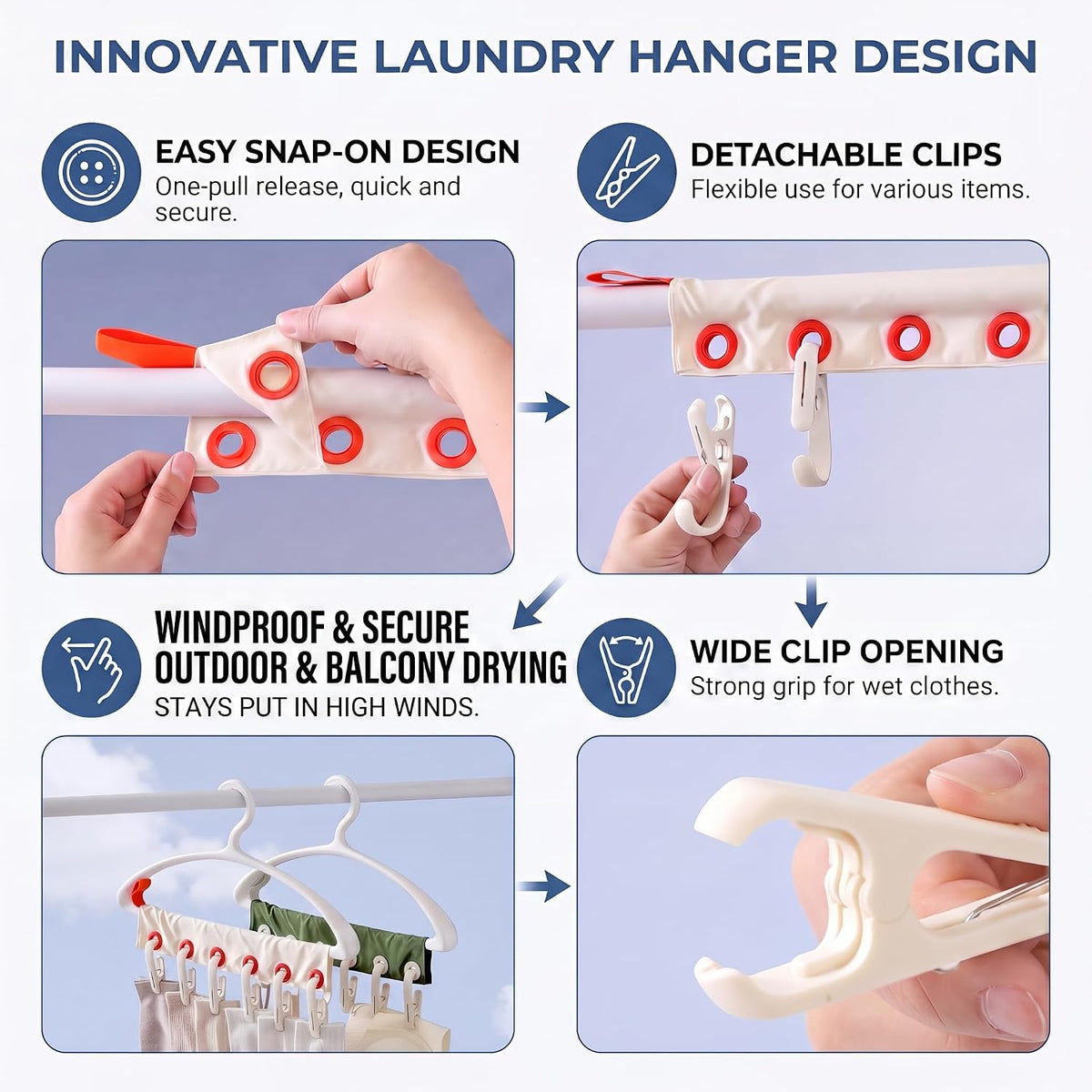 Portable Travel Hangers - Foldable Clothes Drying Rack with 6 Clips | Space Saving Cruise & Hotel Essentials for Suitcase | Thick Material | Installation Method:Snap-On-White 3Set