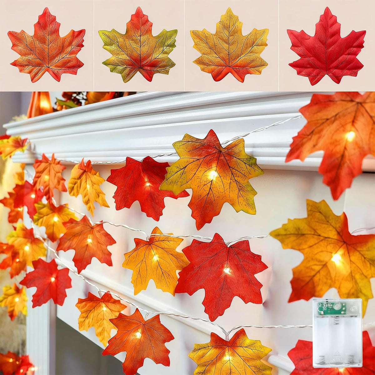 YEGUO 2 Packs Thanksgiving Decorations for Home, Fall Lights Battery Operated, Total 20ft 40 LED Lighted Fall Garland Maple Leaves Four Color for Holiday Autumn Harvest Thanksgiving Halloween Decor