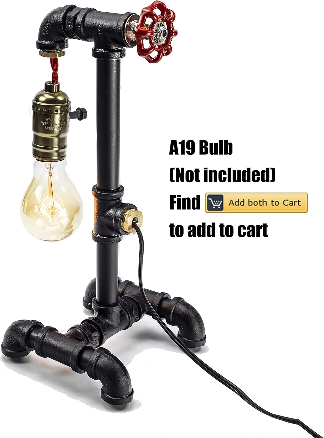 Loft Style Lamp with Dimmer, Dimmable Steampunk Industrial Vintage Antique Style Light, Iron Piping Aged Rustic Metal Desk Lamp, Y-Nut "Fisherman" (Dark Black) QTF-TB01-BBLK
