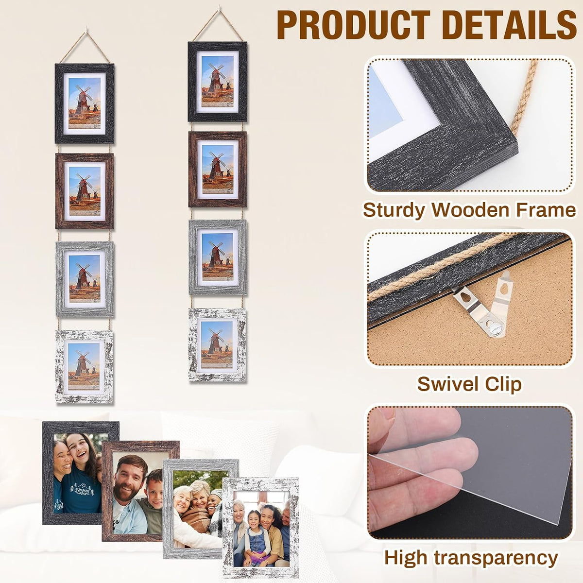 Qunclay 2 Set 5x7 Hanging Collage Picture Frames, Rustic Farmhouse Decor