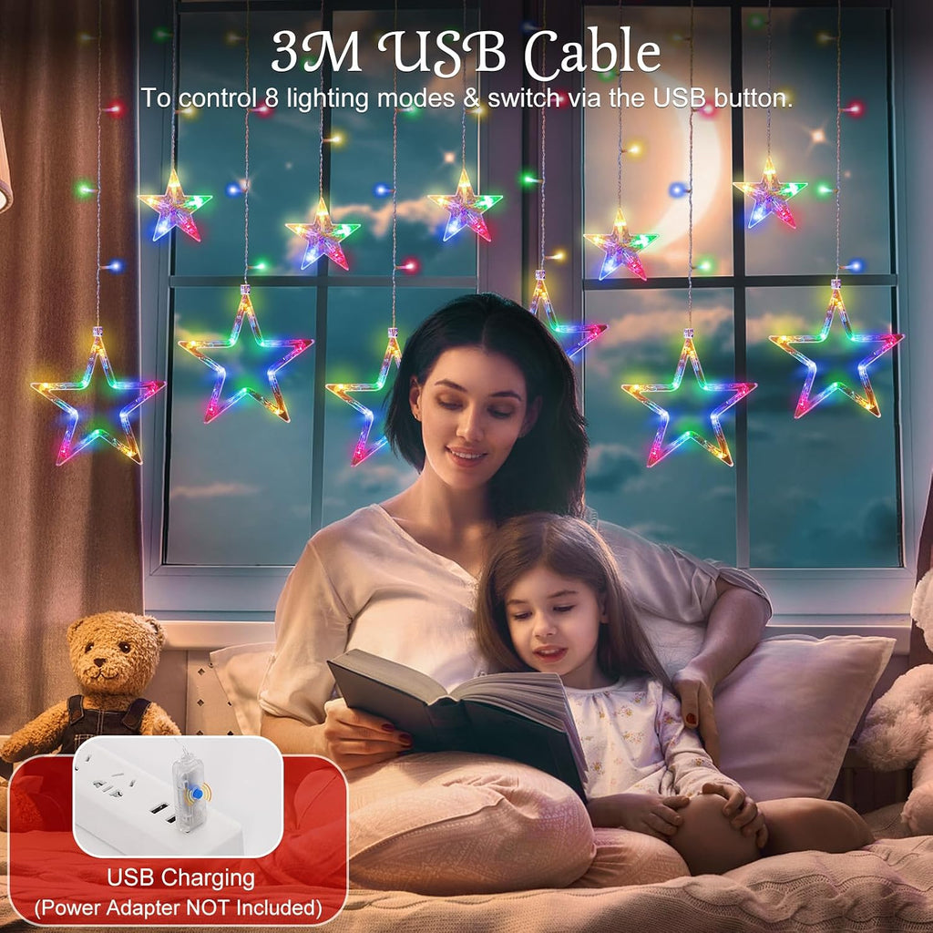 Lewondr 138 LED Christmas Star String Curtain Light with 6H Timer & 8 Modes