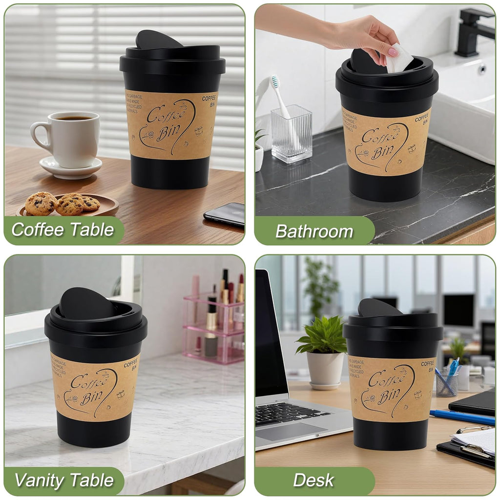 Soddeph Plastic Mini Trash Can with Swing-Top Lid, 0.9 Gallon Desktop Waste Bin for Coffee Table, Office, Small Countertop Wastebasket for Counter, Vanit (Black, Small)