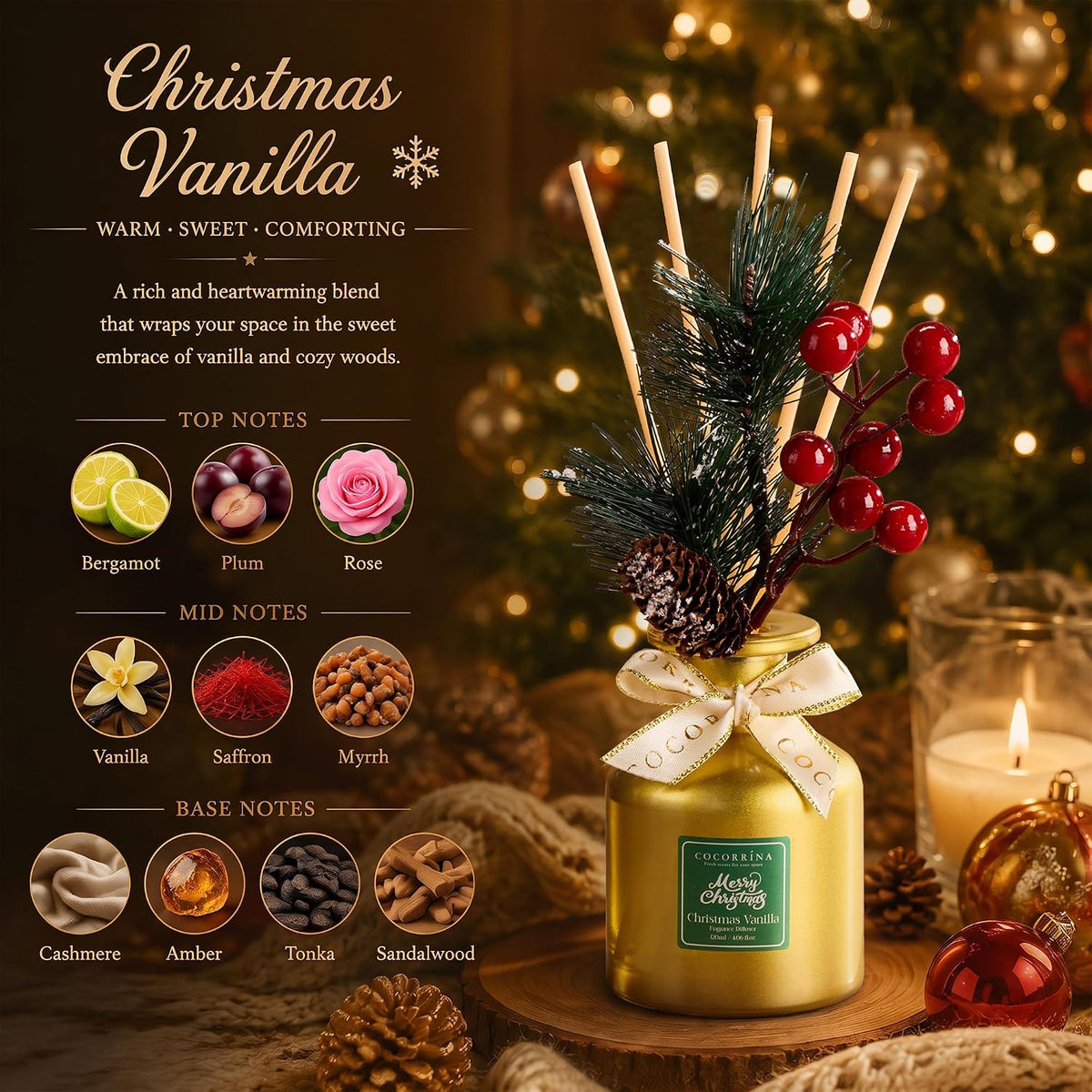 COCORRÍNA Reed Diffuser Set, Christmas Vanilla, 4.06 fl oz
