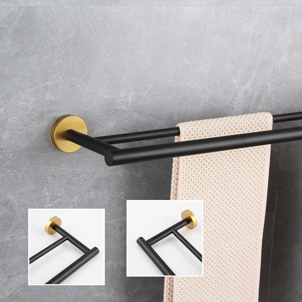 GERZWY Bath Double Towel Bar 30-Inch Stainless Steel Bathroom Towel Rail Wall Mounted Hand Towel Holder Black & Gold