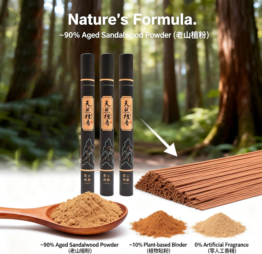 Natural Sandalwood Incense Sticks - Pure & Delicate Woody Scent for Meditation, Yoga & Sleep - Low Smoke, No Chemical Binders (3 Tubes / ~135 Sticks, 30 Min Burn Time)