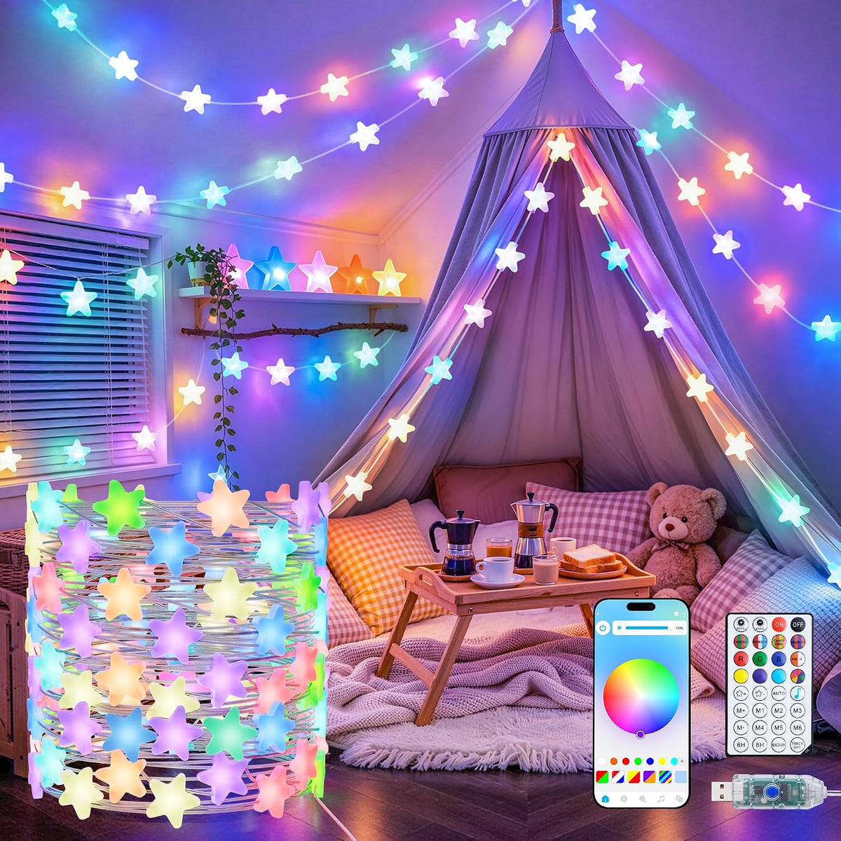 JMEXSUSS 33FT 66 LED Color Changing Smart Star String Lights for Bedroom
