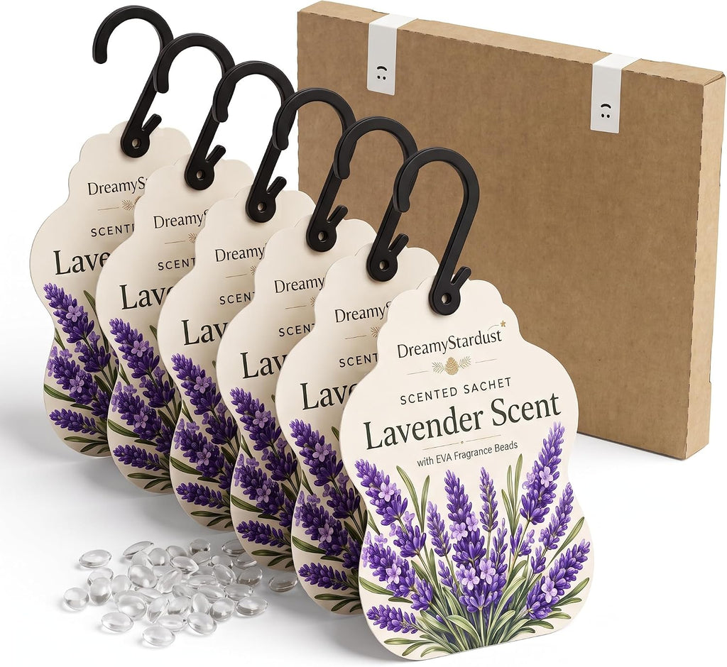 Lavender Scented Sachets for Drawers & Closets, 6 Pack Hanging Fragrance Sachets with EVA Beads for Wardrobe, Car, Shoe Cabinet and Bathroom, 0.35 oz Each