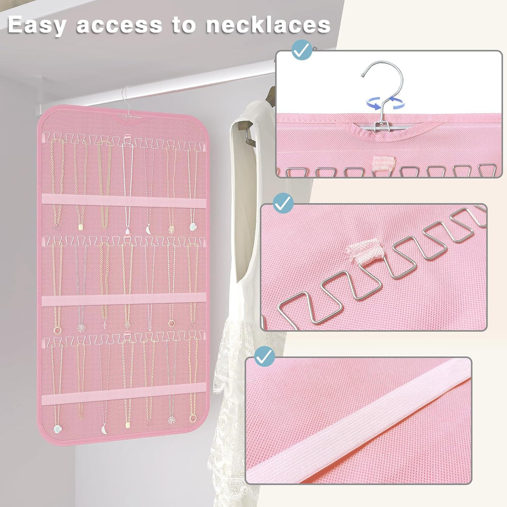 Double-Sided Hanging Jewelry Organizer for Necklaces Earrings, 2-Pack, Pink