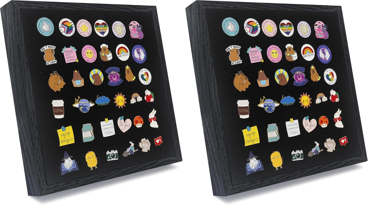 GMFrames 11x11 Enamel Pin Display Case, Pin Collection Display Frame with Real Glass, Shadow Box for Wall and Tabletop, Pin Holder Black (Pack of 2)