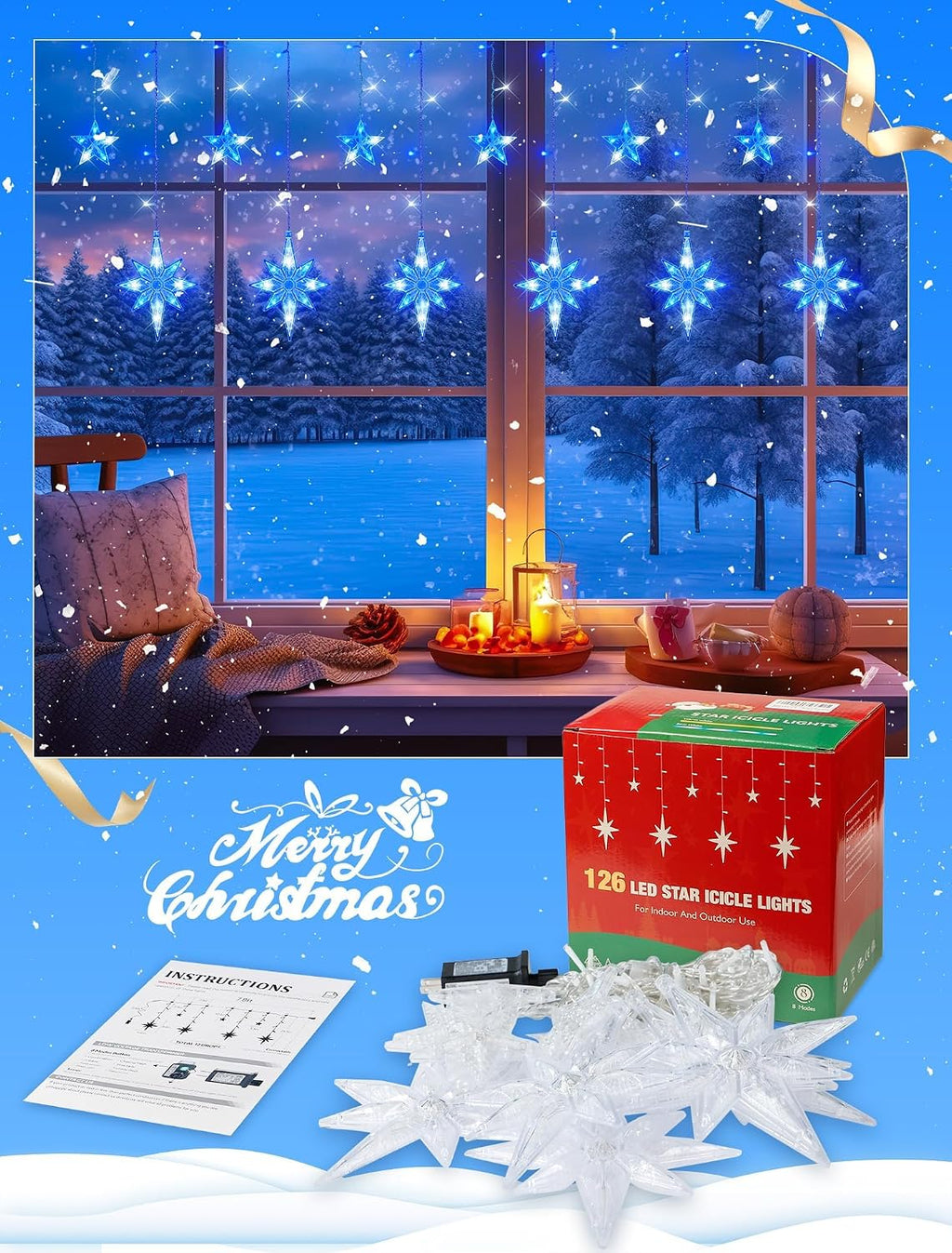 Star Icicle Lights Outdoor,126 Led 12 Star Hanging String Light