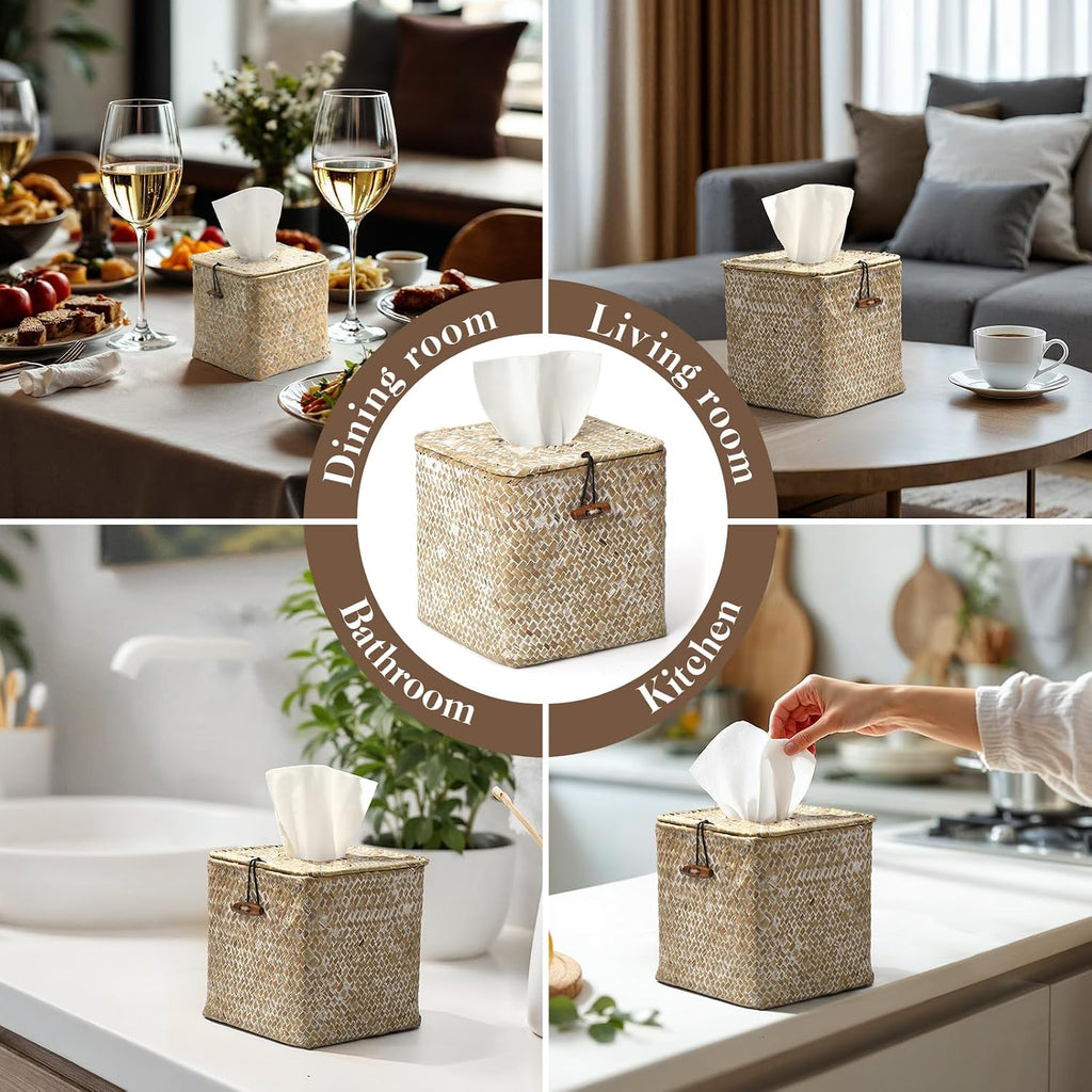 4 Pack Seagrass Tissue Box Cover Square Woven Tissue Box Holder Square Boho Decor Tissue Holder with Lid Farmhouse Tissue Box Cover for Toilet Bathroom Living Room Kitchen Bedroom Office Dorm