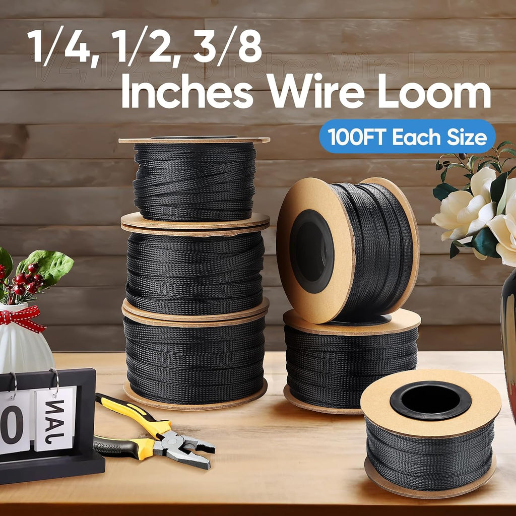 300 Feet 1/4, 1/2, 3/8 Inches Braided Wire Loom PET Cable Loom Expandable Sleeving Braided Sleeve for TV, Computer, Home Theater