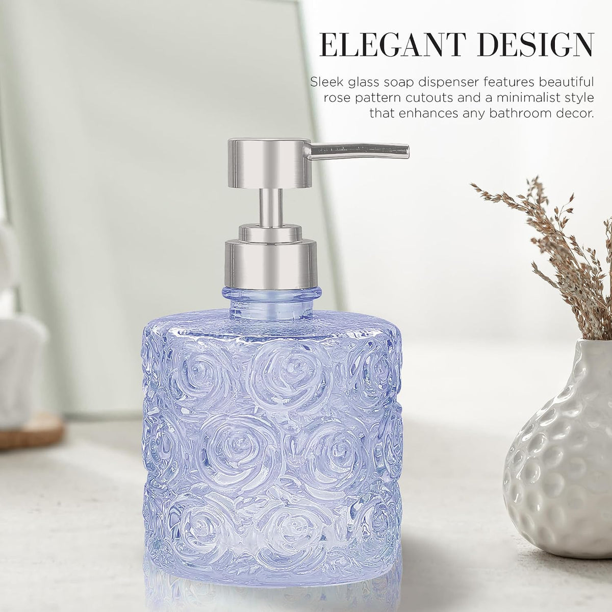 Marcella Glass Soap Dispenser with Soap Pump, Refillable 14 Ounce Capacity, Floral Design Rose Patterns, Heavy Weight Thick Glass for Bathroom, Premium Kitchen Soap Dispenser Cornflower Blue