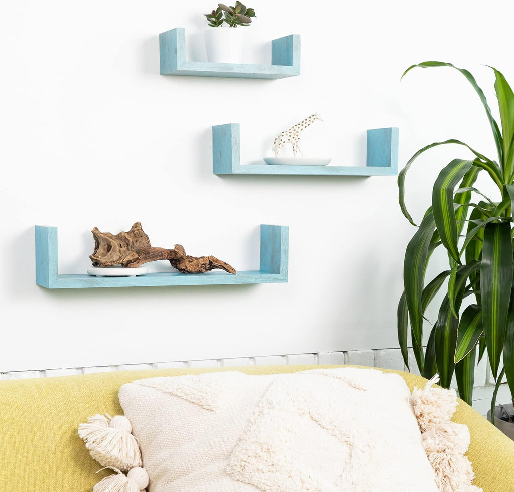 Greenco Set of 3 Floating “U” Shelves, Easy-to-Assemble Floating Wall Mount Shelves for Bedrooms and Living Rooms, Rustic Blue Finish