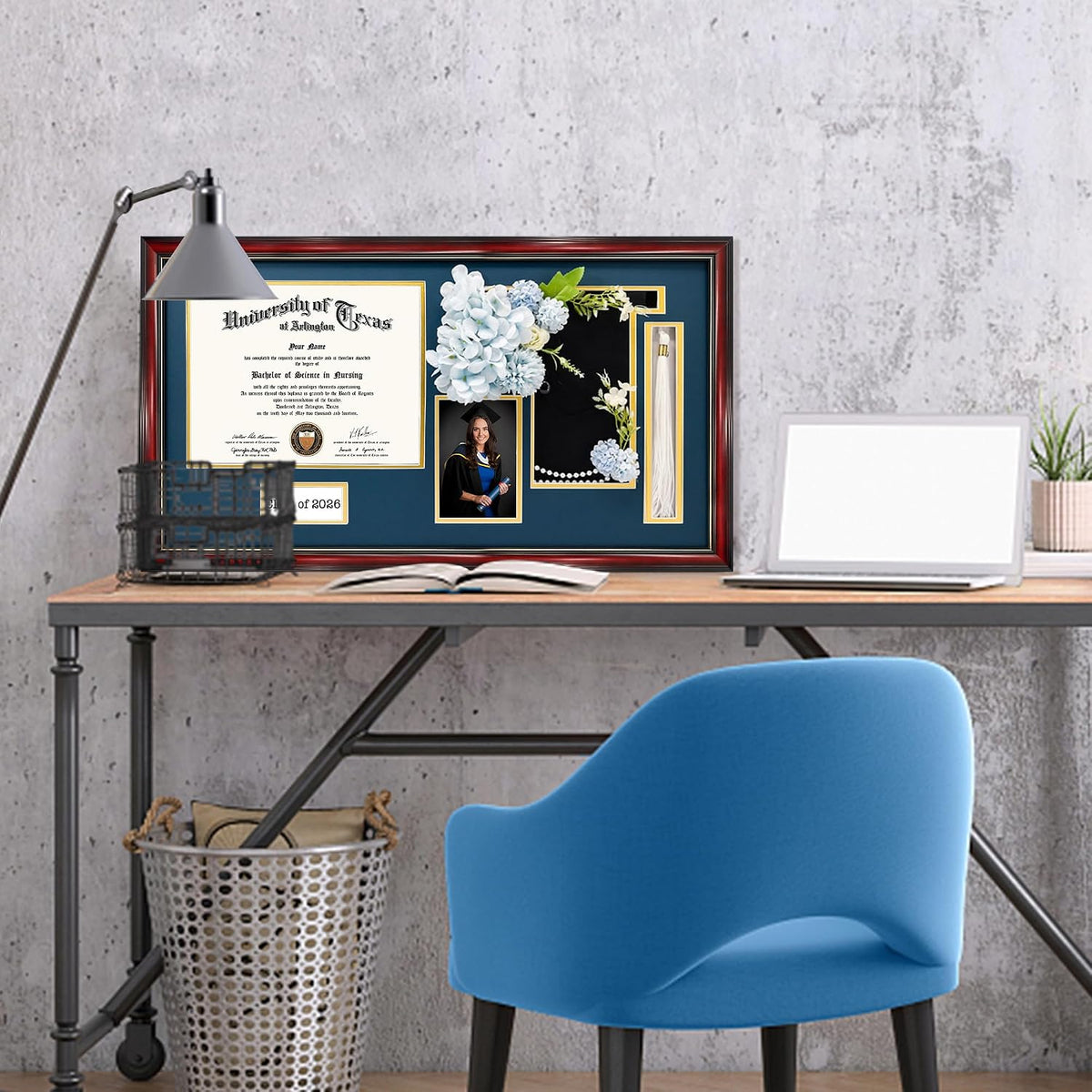GraduationMall Class of 2026 Graduation Shadow Box Frame for 8.5x11 Diploma, 4x6 Picture with Cap & Tassel Holder, Cherry Wood Display Case with Navy Gold Mat