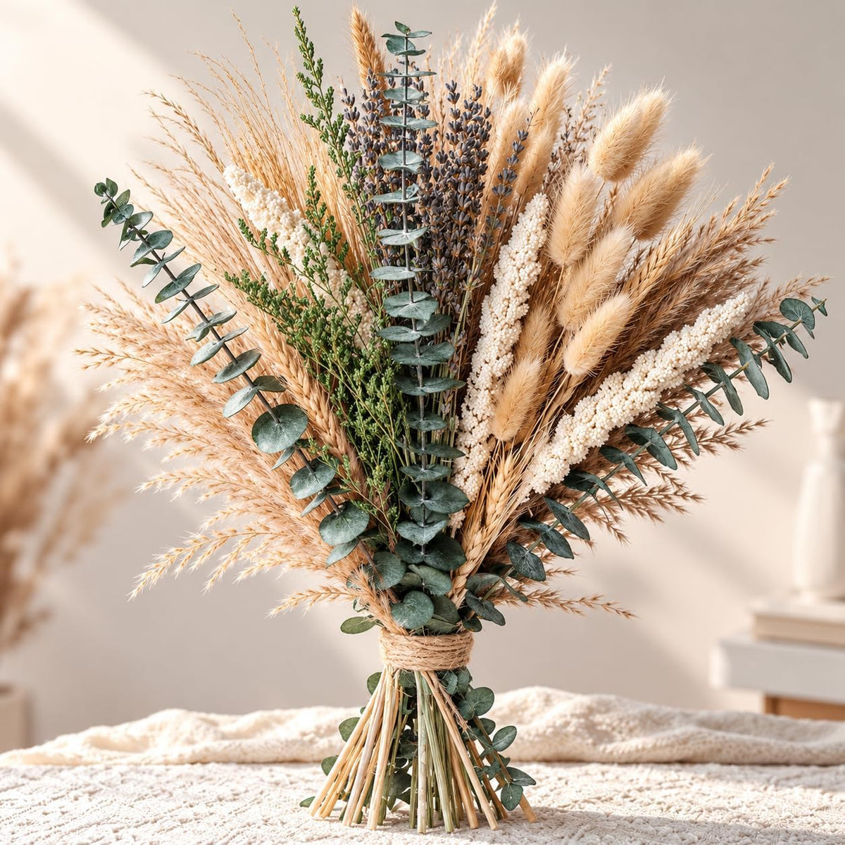 Boho Dried Flower Bouquet – Pampas Grass Bouquet with Lavender, Eucalyptus, Wheat & Bunny Tail – Rustic Dried Floral Arrangement for Olive Green Decor, Farmhouse Flowers, and Wedding Centerpieces