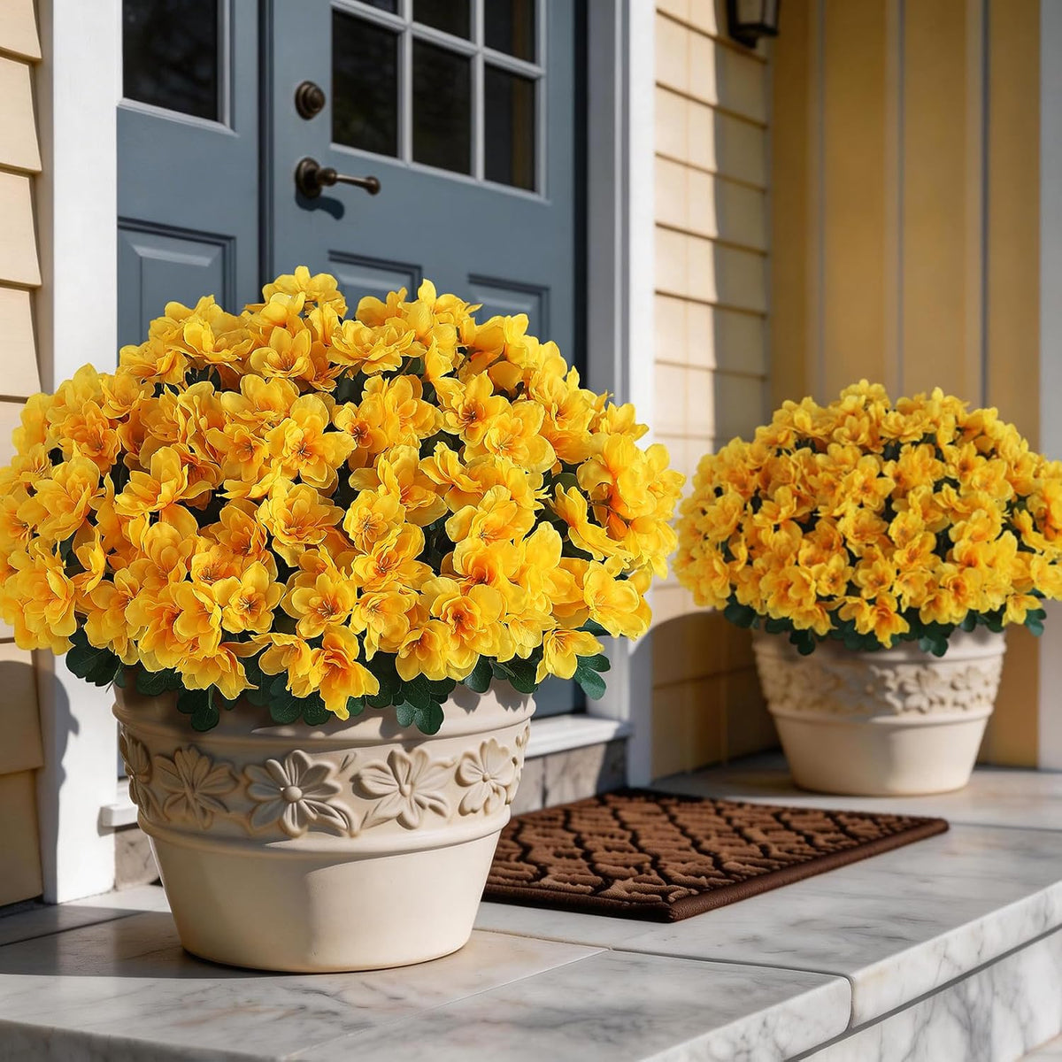 8 Bundles 16" Artificial Azalea Flower Bouquet for Front Door(Yellow)
