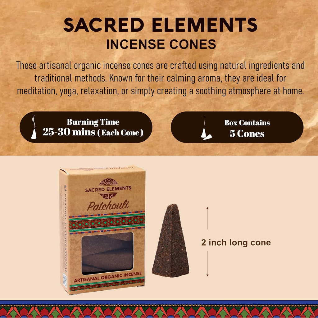 Sacred Elements Organic Incense Cones – Patchouli Scent (Pack of 4) | Natural Aromatherapy for Relaxation & Mood Balance | Handcrafted, Low Smoke, Long-Lasting Fragrance for Home Use