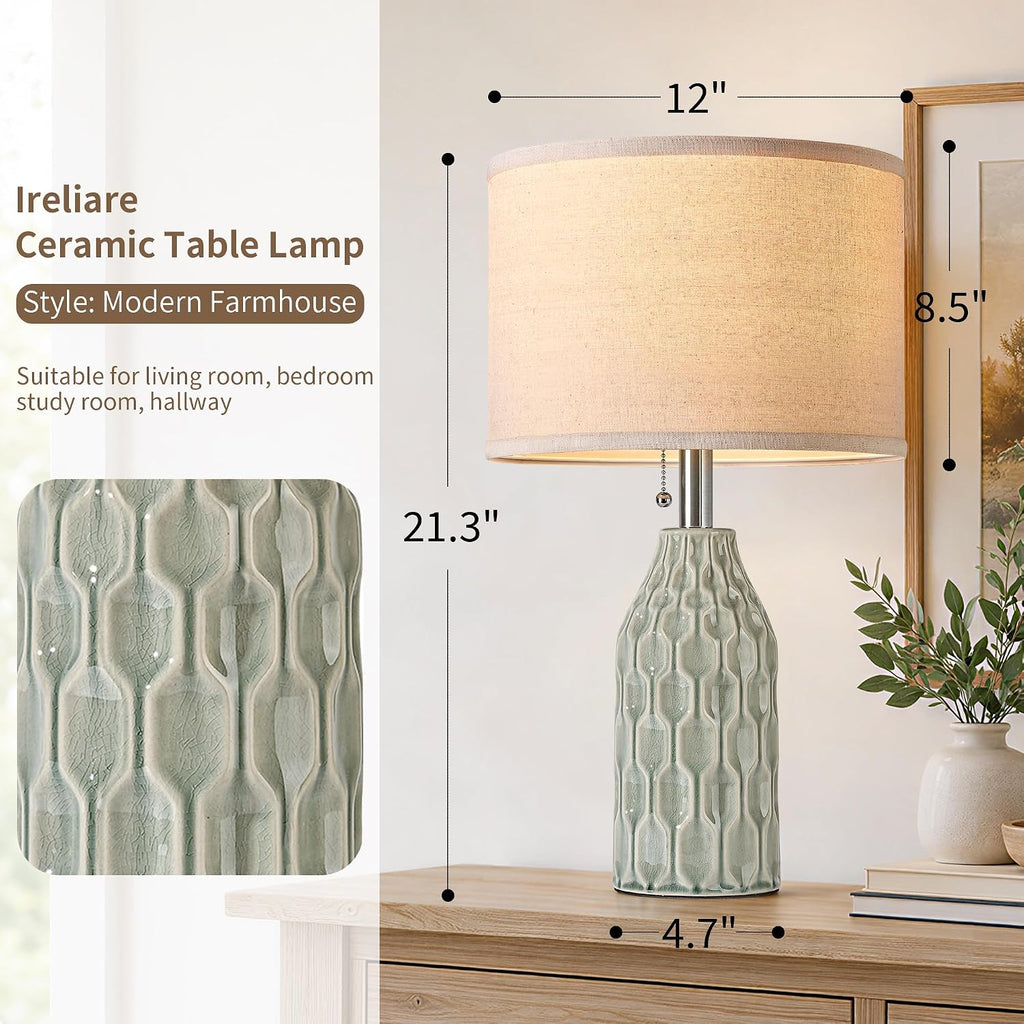 Modern Ceramic Table Lamps Set of 2 for Living Room Bedroom, Green