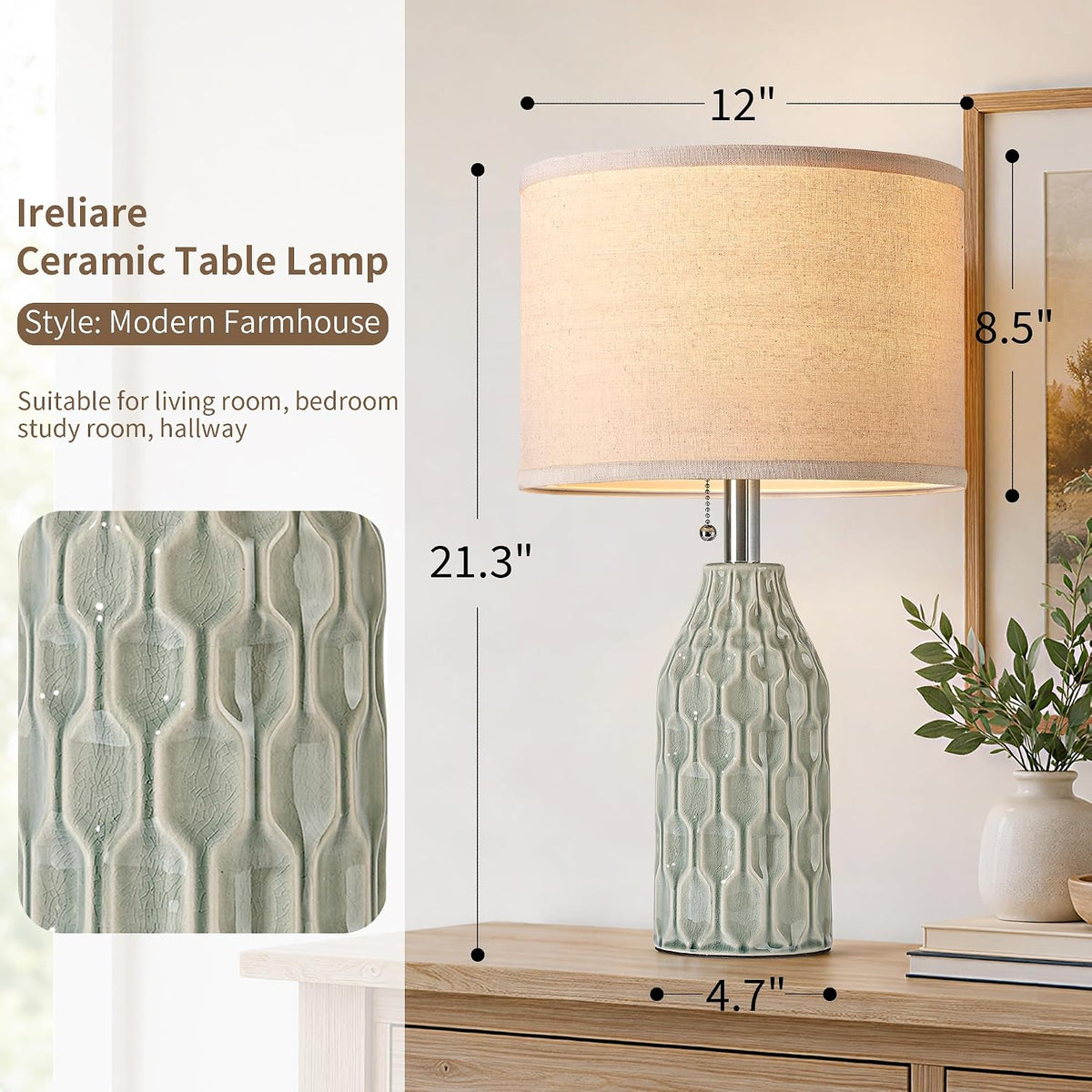 Modern Ceramic Table Lamps Set of 2 for Living Room Bedroom, Green