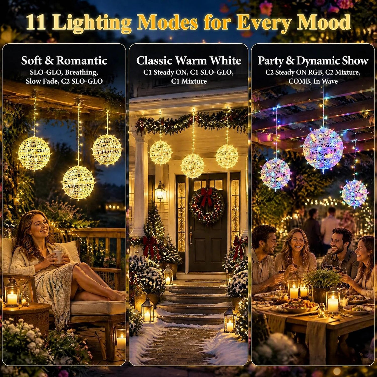 8 Pack 7.9" Christmas Light Balls Outdoor, Warm White & Multicolor