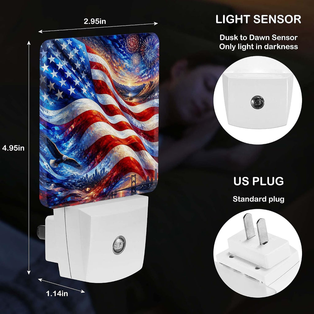 LED Night Light Lamp with Smart Sensor Dusk to Dawn Sensor,Dynamic Flowing Style Patriotic American Flag Red White and Blue Colors Blend Overlap Night Light Daylight White,0.5W Plug-into Wall