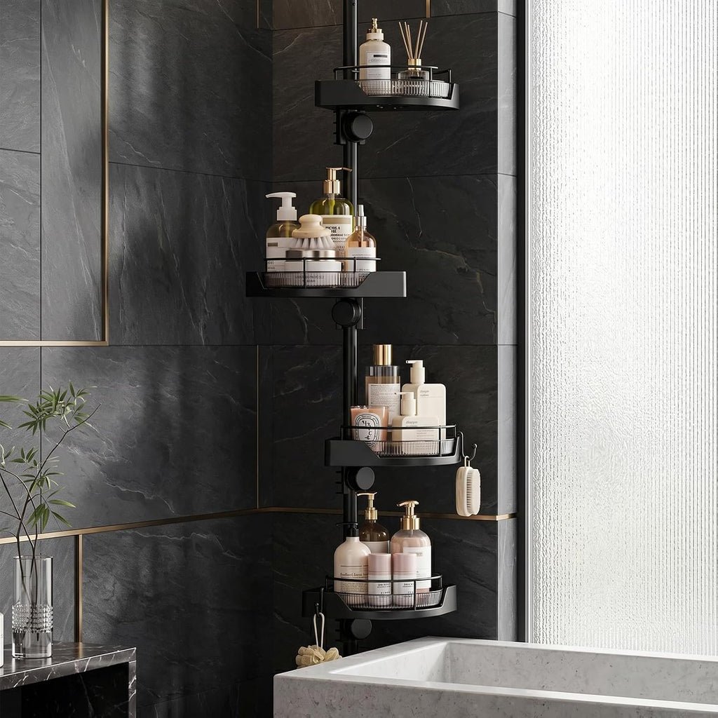 360° Rotating Tension Pole Caddy – 4-Tier Corner Shower Organizer, Height Adjustable 33"–124", Space-Saving for Bathroom, Kitchen Counter, Cabinet Gaps & Bathtub (black)