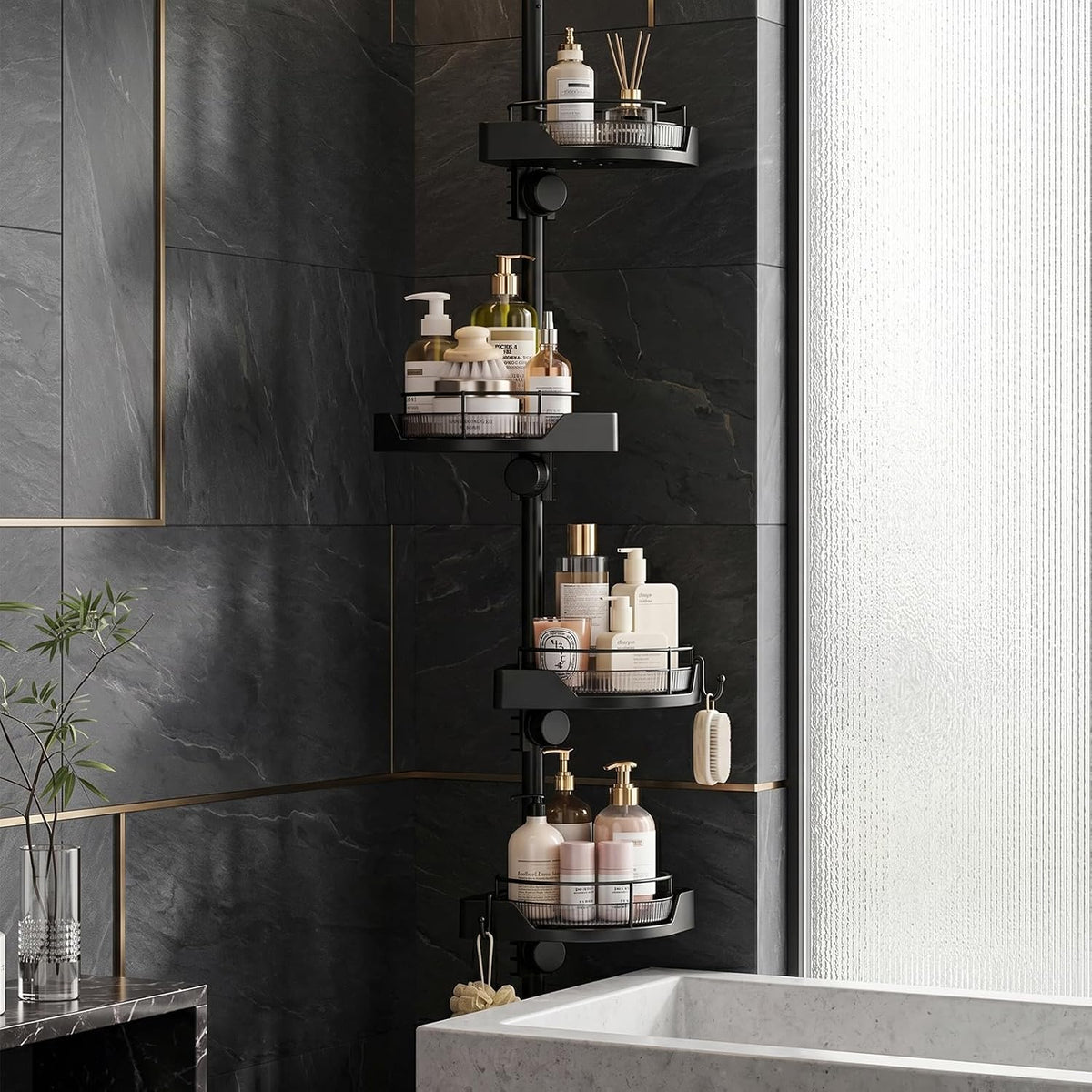 360° Rotating Tension Pole Caddy – 4-Tier Corner Shower Organizer, Height Adjustable 33"–124", Space-Saving for Bathroom, Kitchen Counter, Cabinet Gaps & Bathtub (black)