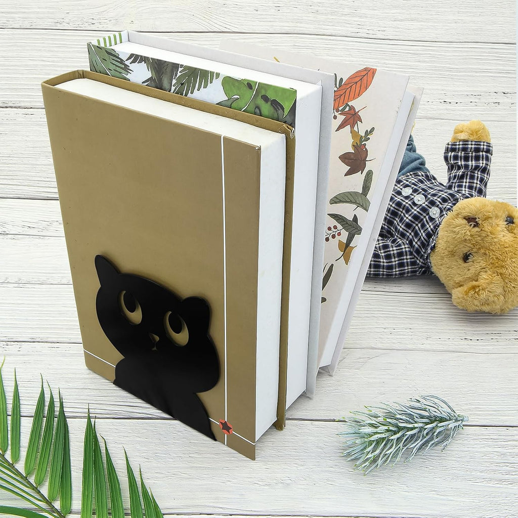 Cute Black Cat Bookends Metal Cat Book Ends Kids Bookends Office Journal Holder Library Decoration Bookshelf Book Organizer for Christmas Birthday Back to School Student Gift (Black Big Eyes)