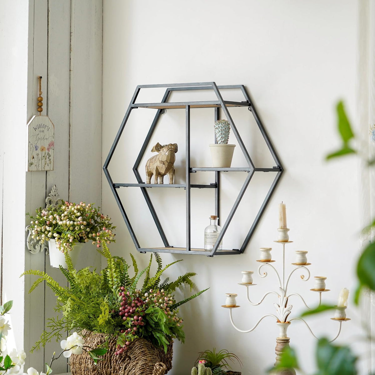 4 Tier Industrial Style Foldable Hexagon-Shaped Wall Shelves