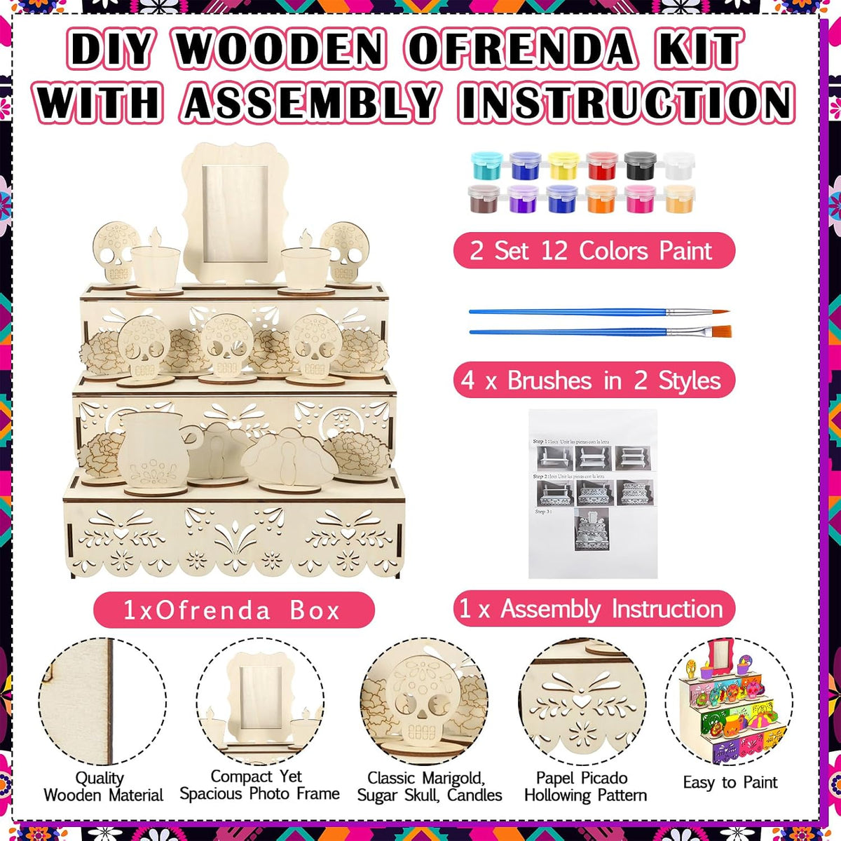 Geelin Dia De Los Muertos Ofrenda Altar Wooden Shadow Box, Traditional