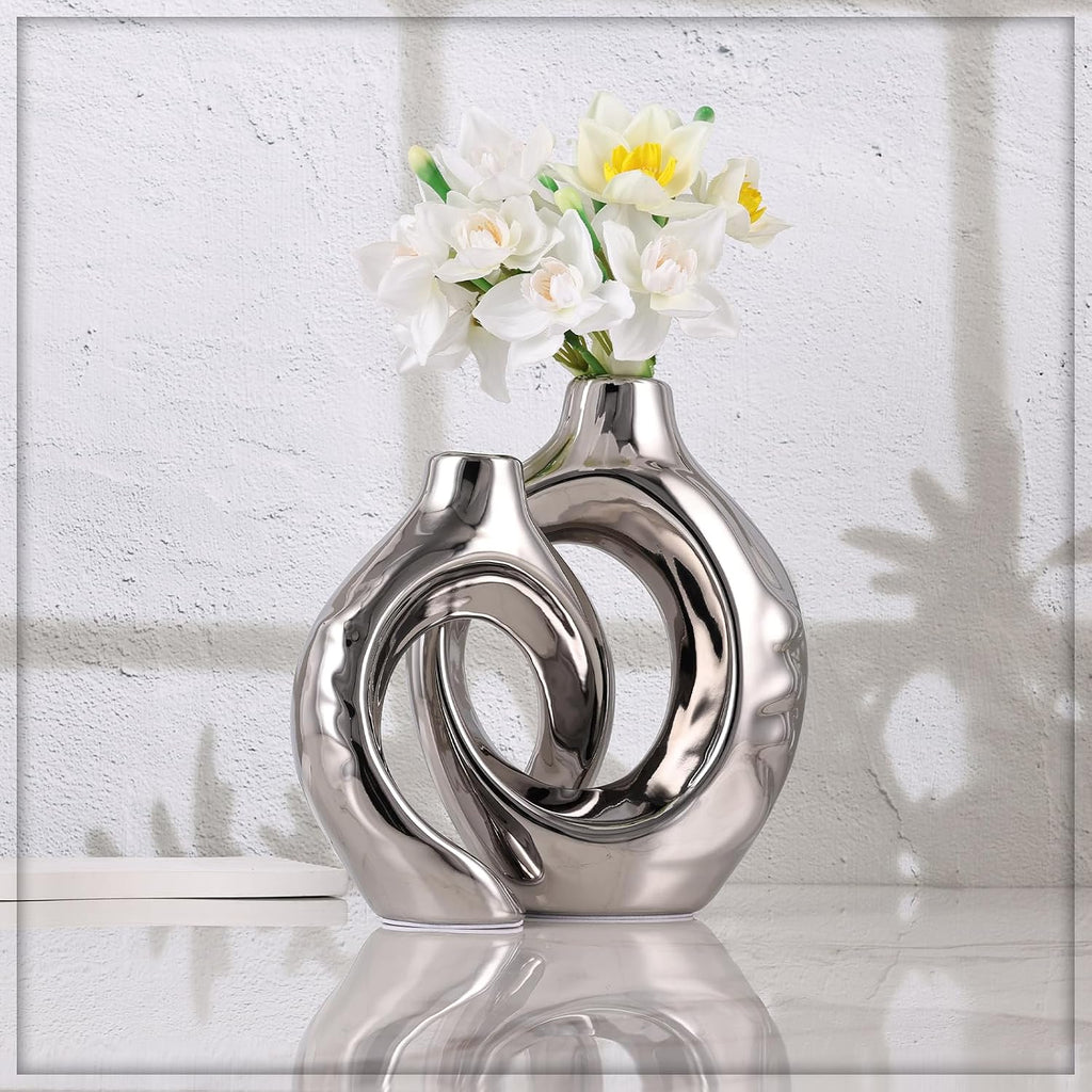 Silver Ceramic Vase Set of 2, Modern Donut Vases for Living Room Decor
