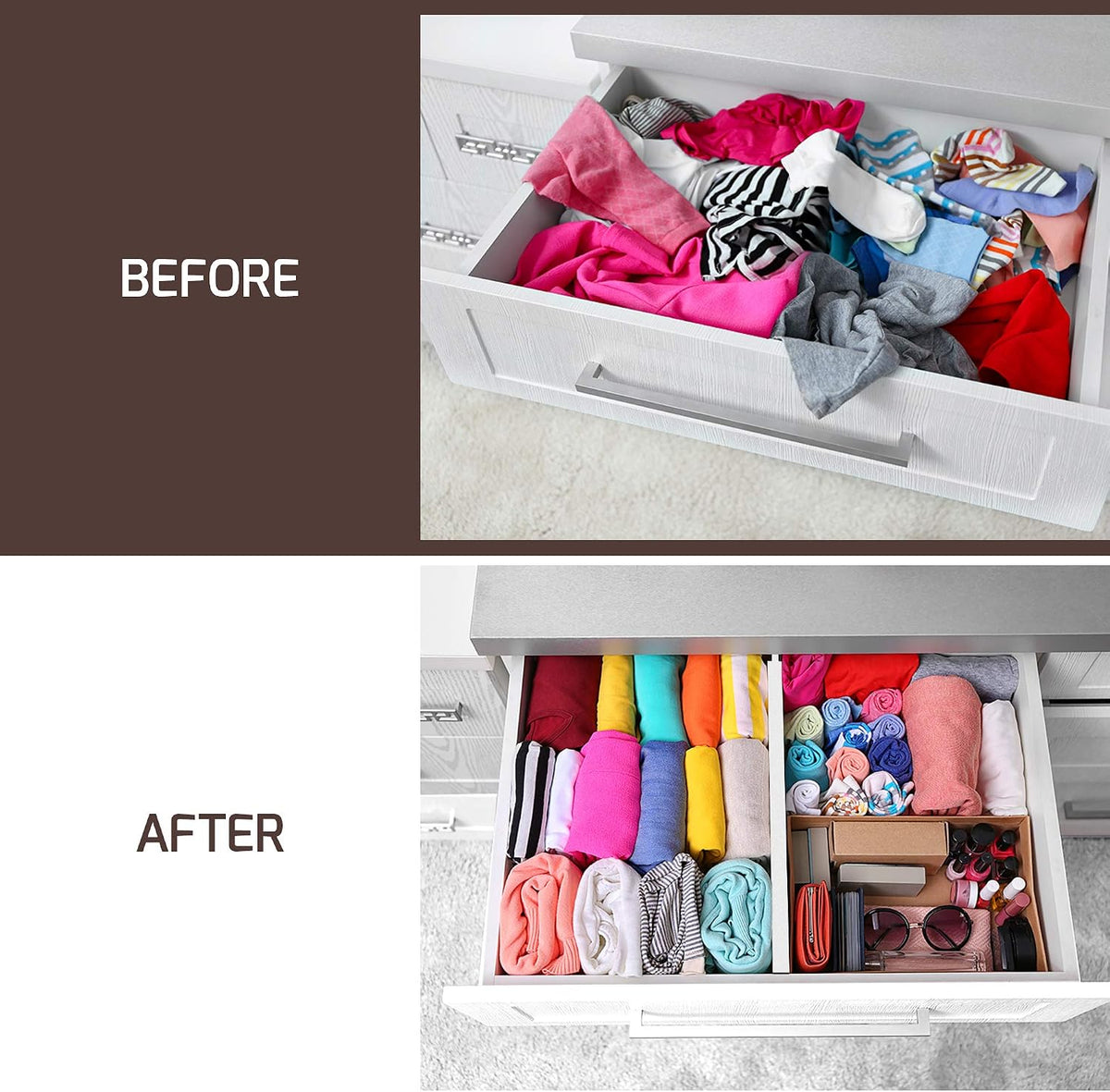 6-Pack Drawer Dividers 2.6-Inch High Dresser Organizer 16 to 22 Inch, White
