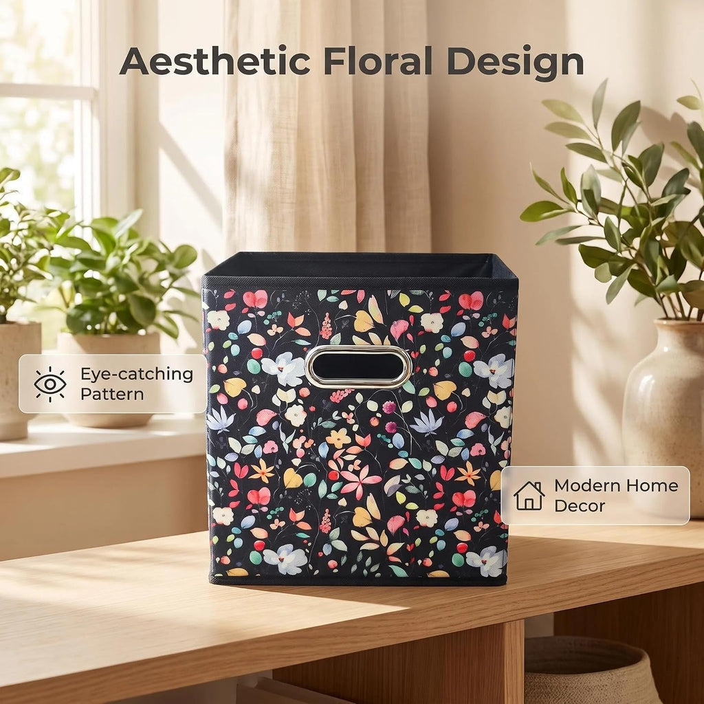 6pcs Black Floral Fabric Storage Cubes Organizer with Handles, Collapsible Sturdy Storage Bins for Organization, 10.5" x 10.5" x 11"