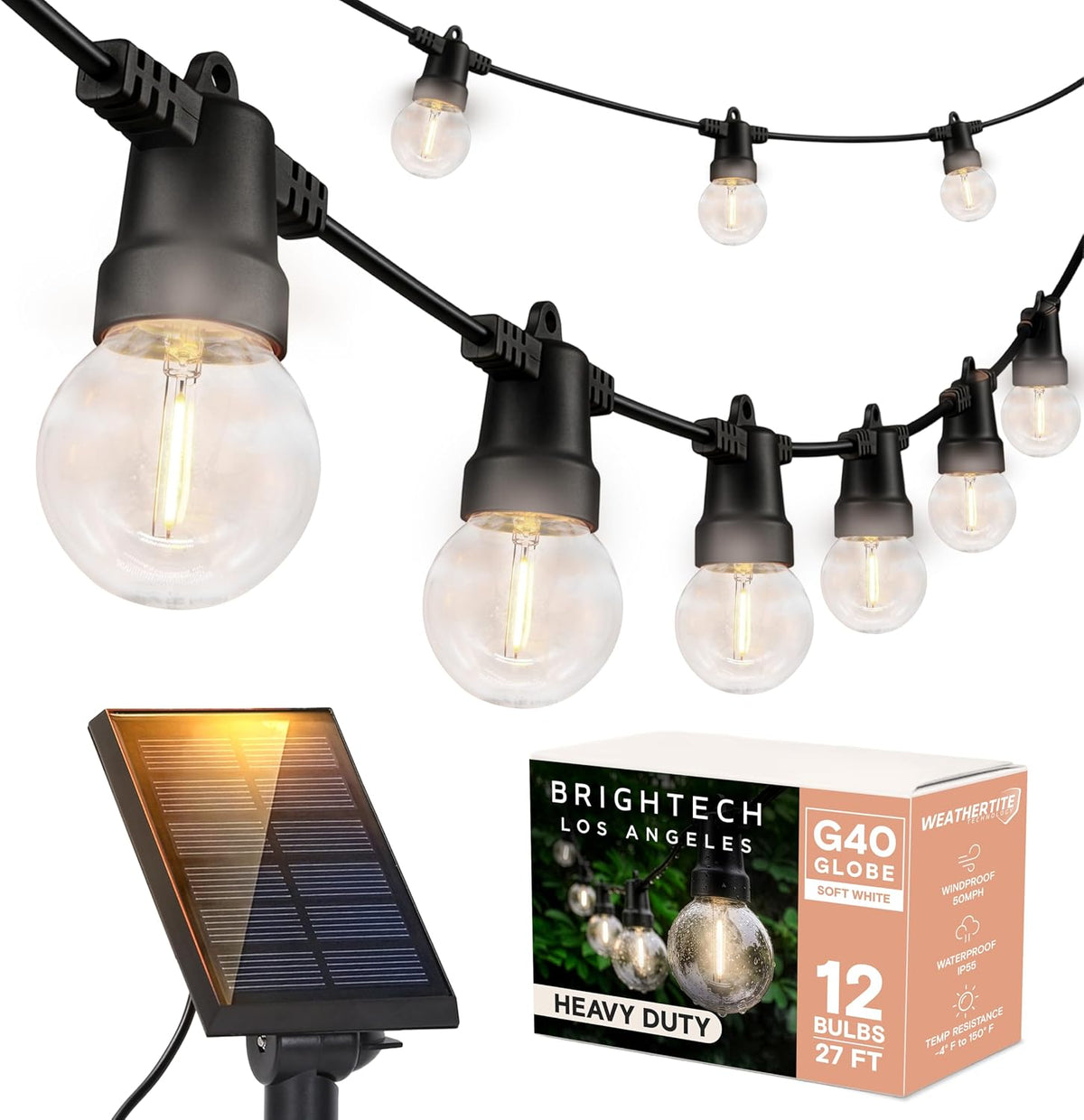 Brightech Ambience Pro Solar Powered Outdoor String Lights - 27 Ft Commercial Grade Waterproof Patio Lights with Edison Globes, Shatterproof LED String Lights for Patio - 12 Bulbs, 1W, Soft White