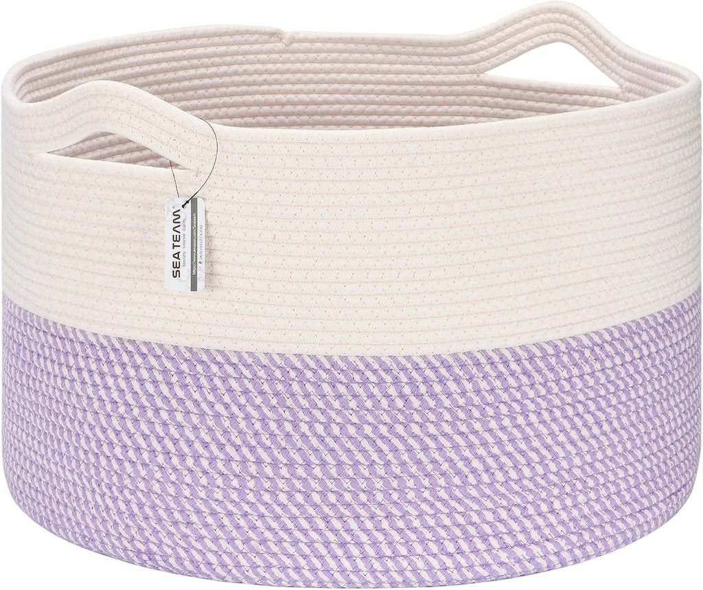 Sea Team XXXL Cotton Rope Basket, Large Woven Nursery Storage Bin, Laundry Hamper, Jumbo Blanket Basket for Rugs, Cushions, Pillows, Toys Organizer, 22 x 14 Inches, White & Mottled Lavender