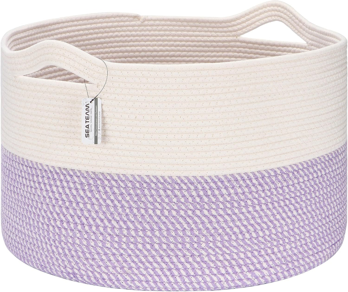 Sea Team XXXL Cotton Rope Basket, Large Woven Nursery Storage Bin, Laundry Hamper, Jumbo Blanket Basket for Rugs, Cushions, Pillows, Toys Organizer, 22 x 14 Inches, White & Mottled Lavender